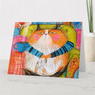 Tarjeta Gato Tabby Naranja Presumido Bebiendo Café