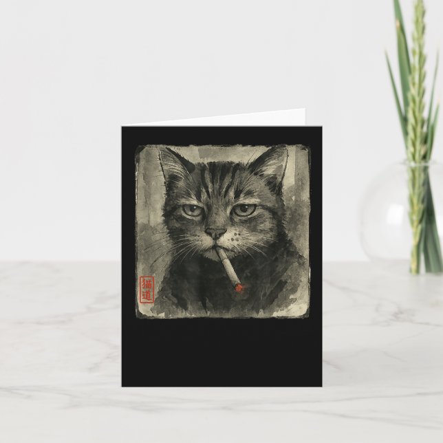 Tarjeta Gato Triste Divertido Fumando Cigarrillo Meme Aman (Anverso)