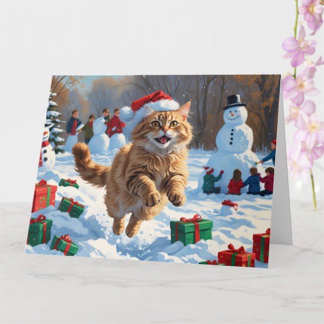 Tarjeta Gato turco angora corriendo en Gorra de Navidades  (Orquídea)