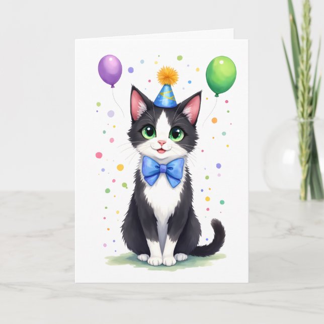 Tarjeta Gato Tuxedo Adorable con Corbata de Cumpleaños Fel (Anverso)