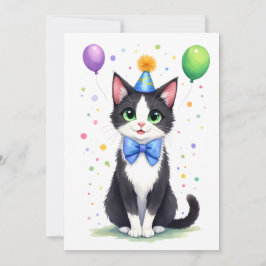 Tarjeta Gato Tuxedo Adorable con Pajarita Feliz Cumpleaños
