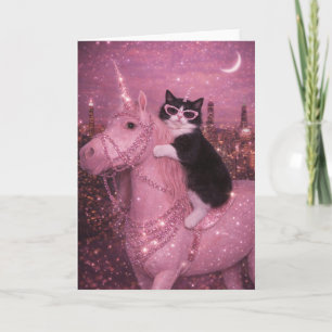 Tarjeta Gato Unicornio Glamuroso Bajo Ciudad Brillante