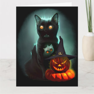 Tarjeta Gato vampiro y calabaza de brujo Halloween surreal