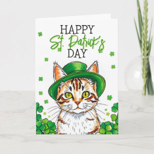 Tarjeta Gato verde lindo con tréboles Día de San Patricio