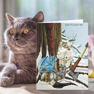 Tarjeta Gato Vikingo Fantasía Dragón Azul