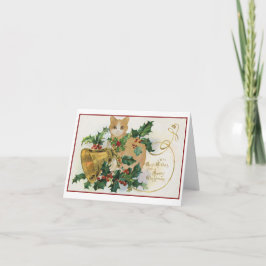 Tarjeta Gato vintage con campanas y Navidades holly