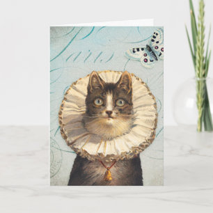 Tarjeta Gato vintage con collar y mariposas