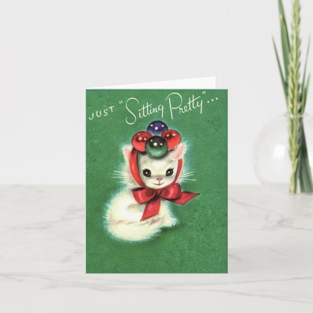 Tarjeta Gato vintage de Navidad "Sitting Pretty" (Anverso)