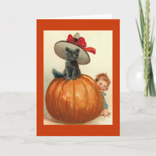 Tarjeta Gato vintage en calabaza
