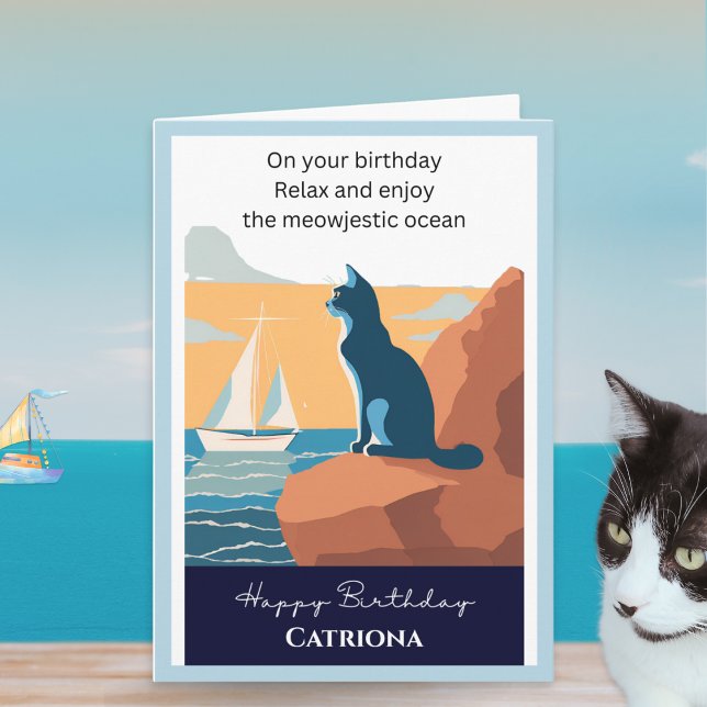 Tarjeta Gato Vista al Mar Retro Personalizado Feliz Cumple (A personalized birthday card with picture of a cat looking out to sea and funny caption)