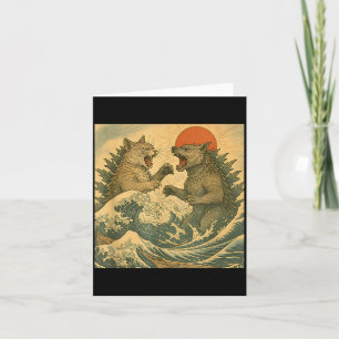 Tarjeta Gato Vs Perro Kaiju Monstruo Japonés Estilo Ukiyo-