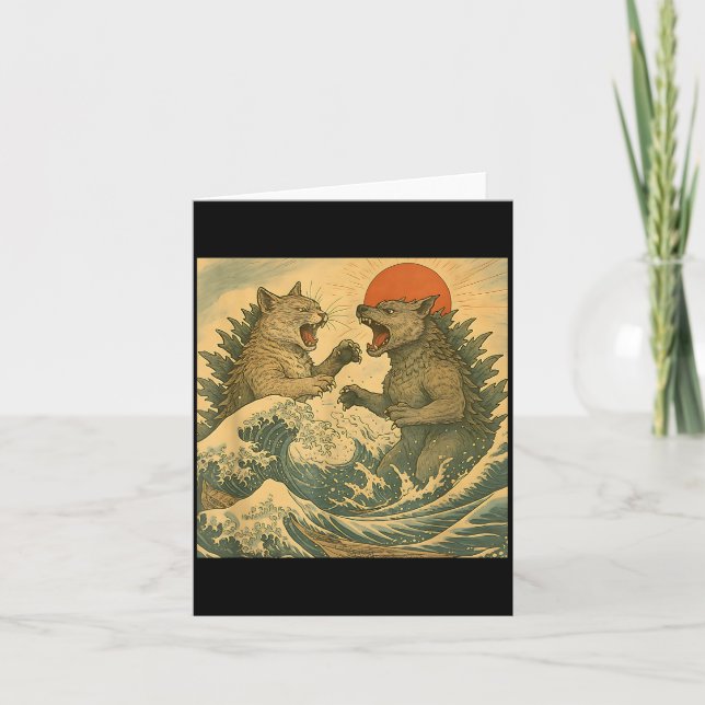 Tarjeta Gato Vs Perro Kaiju Monstruo Japonés Estilo Ukiyo- (Anverso)
