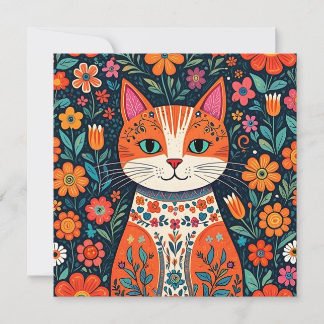 Tarjeta Gato y flores de arte folclórico caprichosos (Anverso)