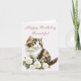 Tarjeta Gato y Flores Feliz Cumpleaños