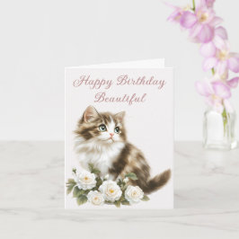 Tarjeta Gato y Flores Feliz Cumpleaños