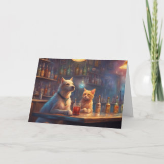 Tarjeta Gato y perro en un bar hablando de cumpleaños