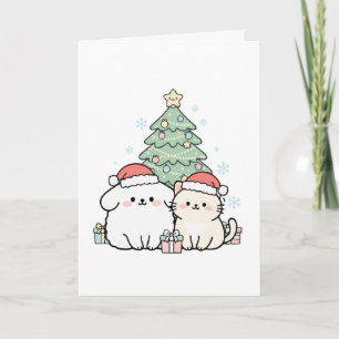 Tarjeta Gato y Perro Navideño Lindo Kawaii Festivo Vacacio