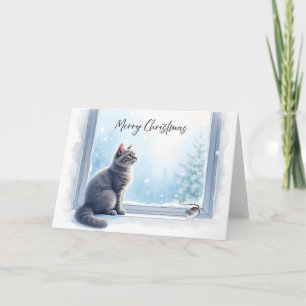 Tarjeta Gato y ratón acogedores junto a la ventana Navidad
