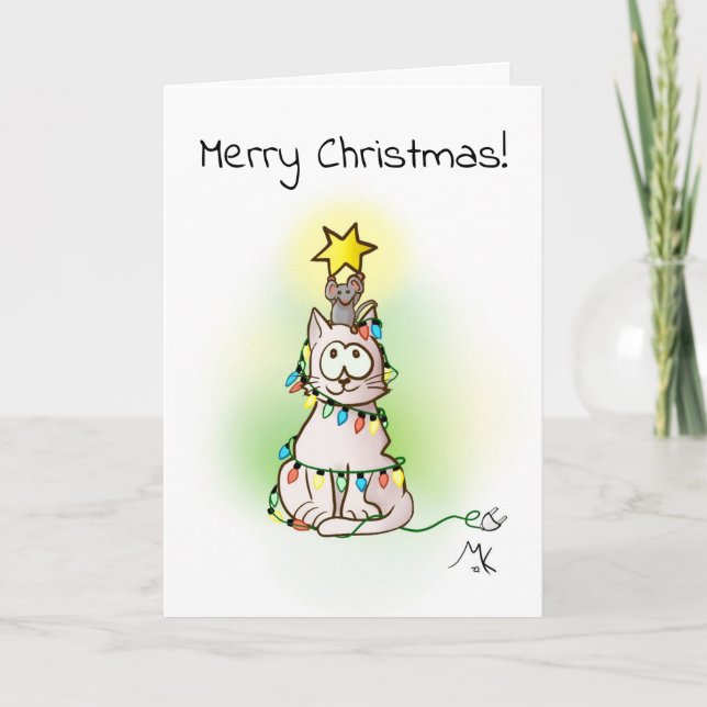 Tarjeta Gato y ratón de árbol de Navidad con estrella (Anverso)