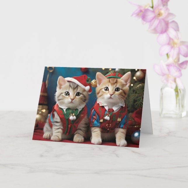 Tarjeta Gatos adorables con gorros de Santa Festivos  (Orquídea)
