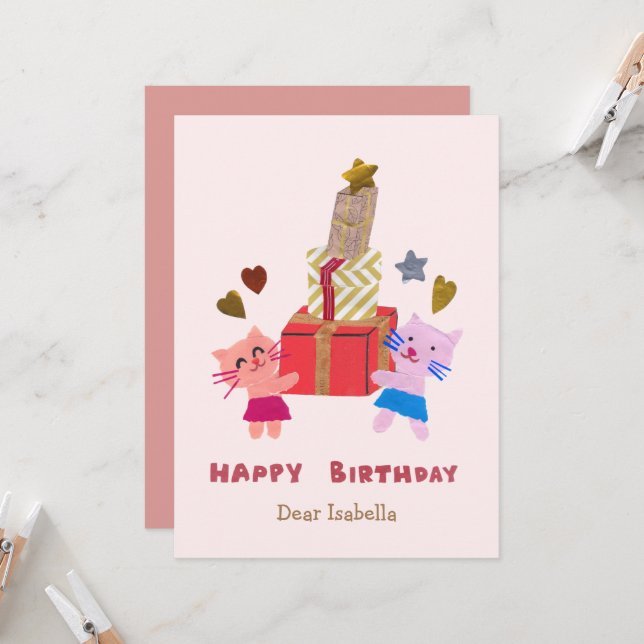 Tarjeta Gatos Adorables con regalos Rosa Feliz Cumpleaños (Anverso/Reverso In Situ)