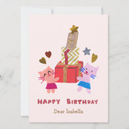 Tarjeta Gatos Adorables con regalos Rosa Feliz Cumpleaños