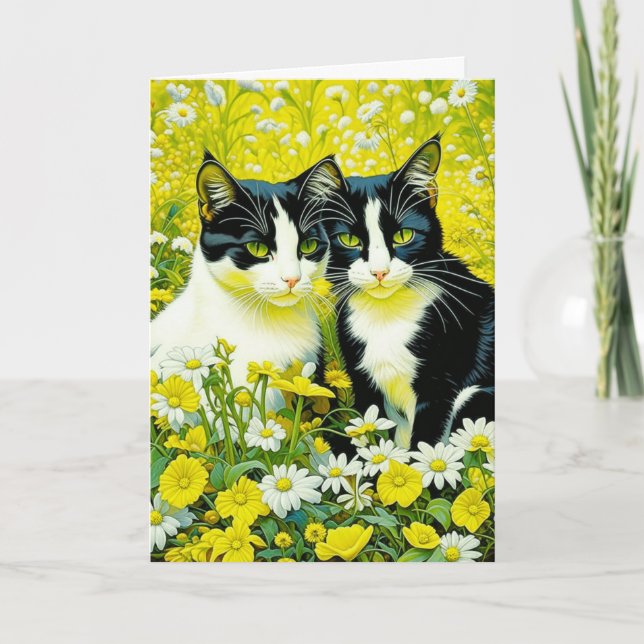 Tarjeta Gatos adorables sentados en Daisies Feliz cumpleañ (Anverso)