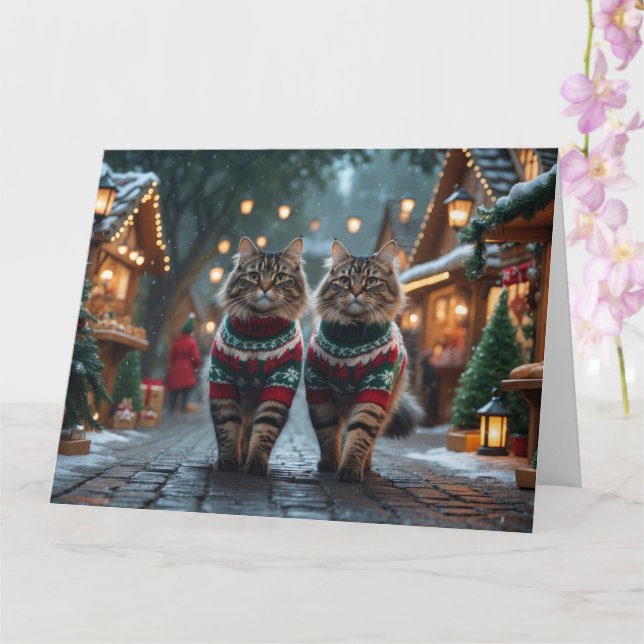 Tarjeta Gatos Angora Turcos Navidad Nieve Fiesta (Orquídea)