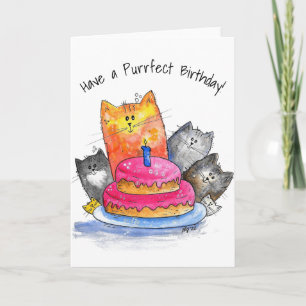 Tarjeta Gatos caprichosos con pastel de cumpleaños