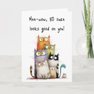 Tarjeta Gatos Caprichosos Ojos Grandes Feliz Cumpleaños 80