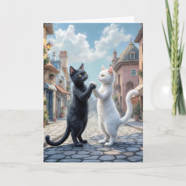 Tarjeta Gatos De Aniversario Bailando En Calle Cobblestone (Anverso)