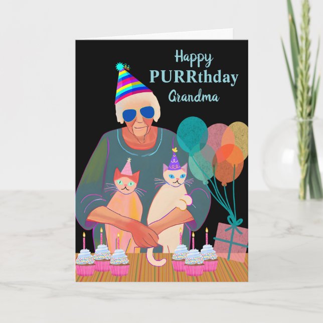 Tarjeta Gatos de cumpleaños de la abuela con pasteles de G (Anverso)