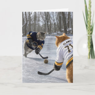 Tarjeta Gatos de cumpleaños jugando hockey sobre hielo con