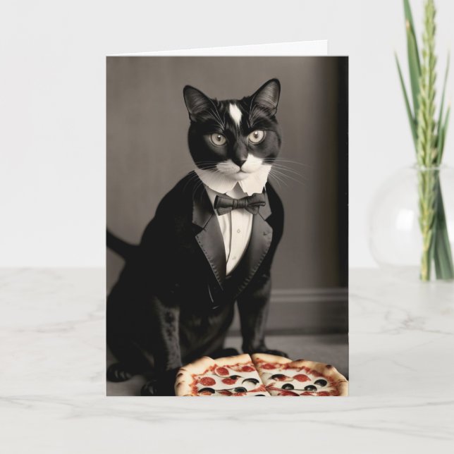 Tarjeta gatos de esmoquín y pizza (Anverso)