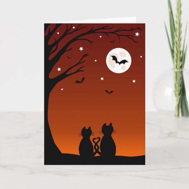 Tarjeta Gatos de Halloween que miran la luna (Anverso)