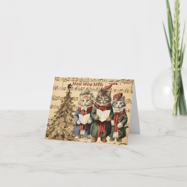 Tarjeta Gatos de Navidad de época cantando junto al árbol (Anverso)