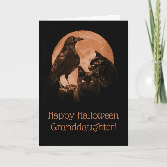 Tarjeta Gatos de nieta de Halloween y Raven (Anverso)