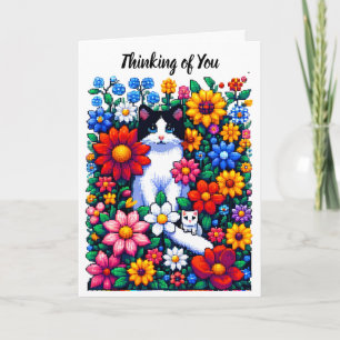 Tarjeta Gatos de Pixel Art y Flores Pensando en Ti