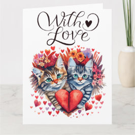 Tarjeta Gatos de San Valentín con acuarela y amor