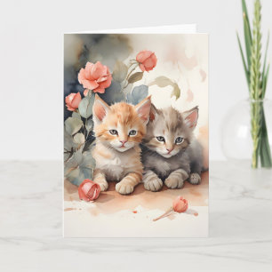 Tarjeta Gatos de Tabby de Acuarela Acurrucados con Flores 