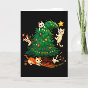 Tarjeta Gatos divertidos de Navidad subiendo al árbol Gato