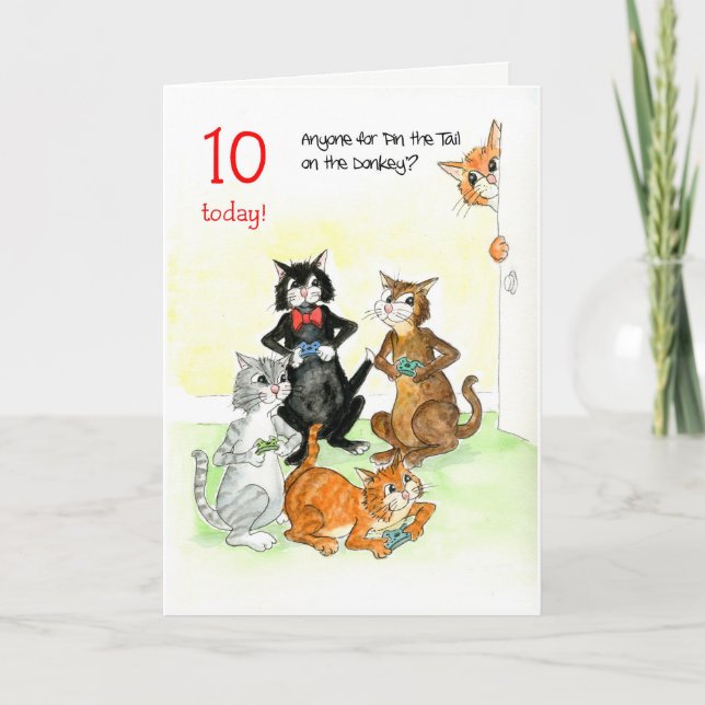 Tarjeta Gatos divertidos jugando videojuego 10 cumpleaños (Anverso)