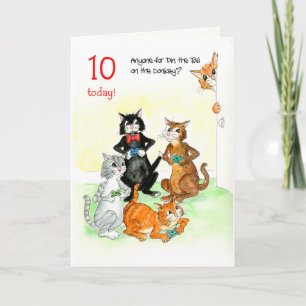 Tarjeta Gatos divertidos jugando videojuego 10 cumpleaños