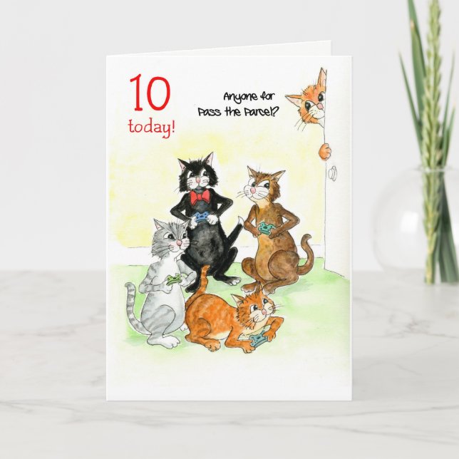 Tarjeta Gatos divertidos jugando videojuego 10 cumpleaños (Anverso)