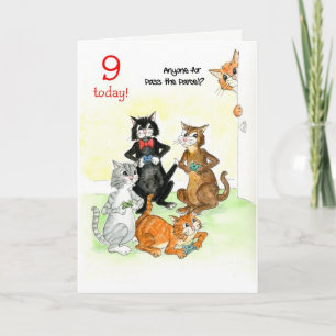 Tarjeta Gatos divertidos jugando videojuego 9 cumpleaños