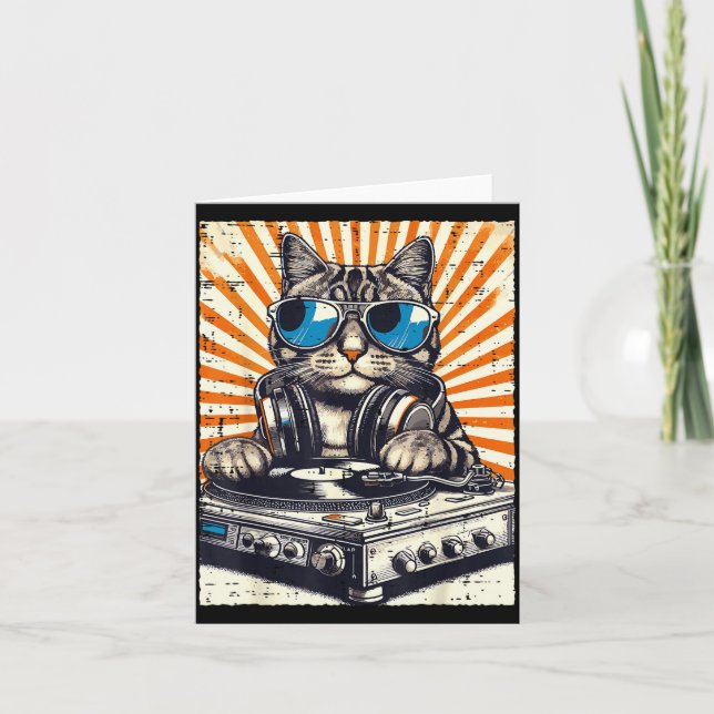 Tarjeta Gatos Dj Auriculares Tocadiscos Música Vintage Edm (Anverso)