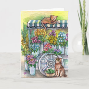 Tarjeta Gatos en el soporte de flor