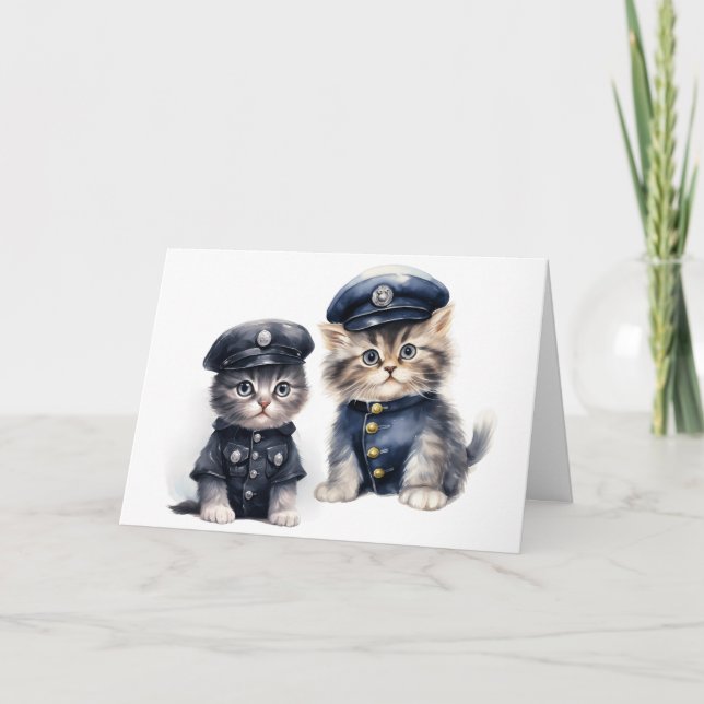 Tarjeta Gatos escuetos en uniformes de policía y hojas de  (Anverso)