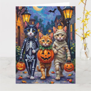 Tarjeta Gatos esmoquin pidiendo dulces con disfraz de Hall
