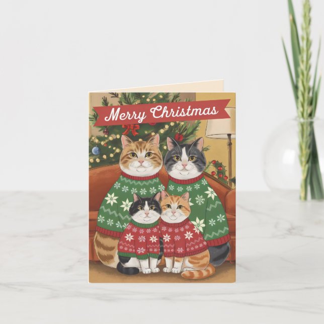 Tarjeta Gatos familia Feliz Navidad (Anverso)